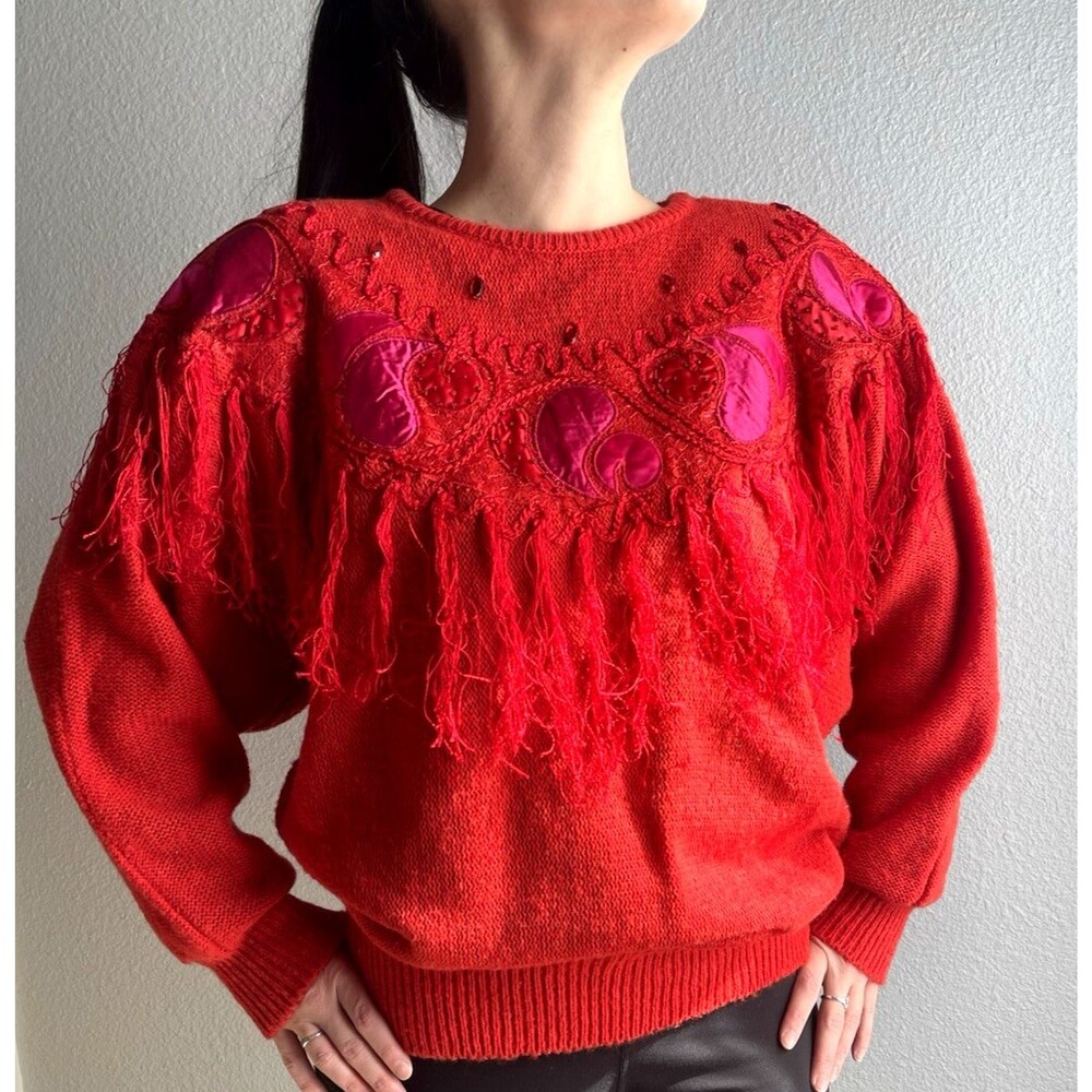 Vintage 20ans designer Mariea Kim 80's red fringe womens sweater Large clubwear